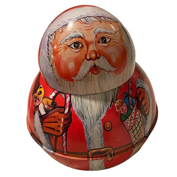 Vintage Roll Poly Santa Metal Tin Tobacco Candy Hong Kong St Nick Christmas Deco - Picture 9 of 14
